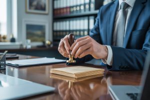 Mains d’un notaire scellant à la cire des documents de succession sur bureau en bois.