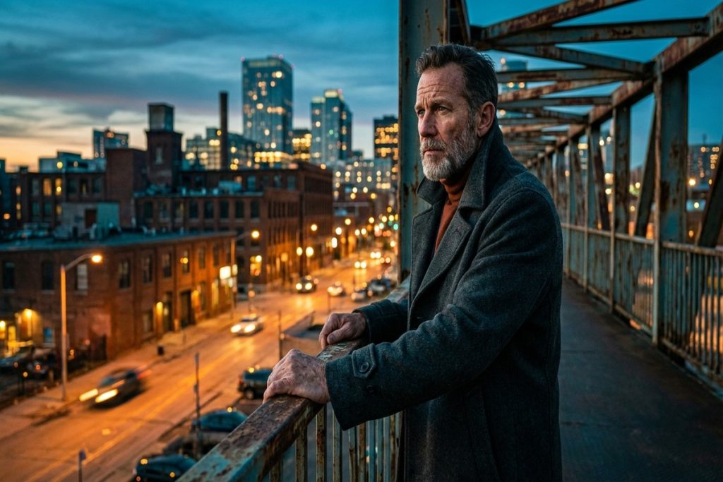 Homme mature confiant sur un pont urbain au crépuscule regardant vers l'avenir