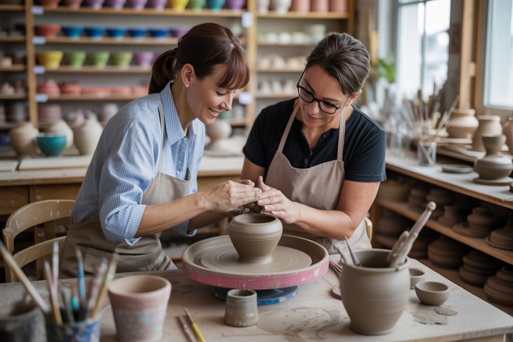 Ancienne prof façonnant un bol en argile dans atelier de poterie lumineux