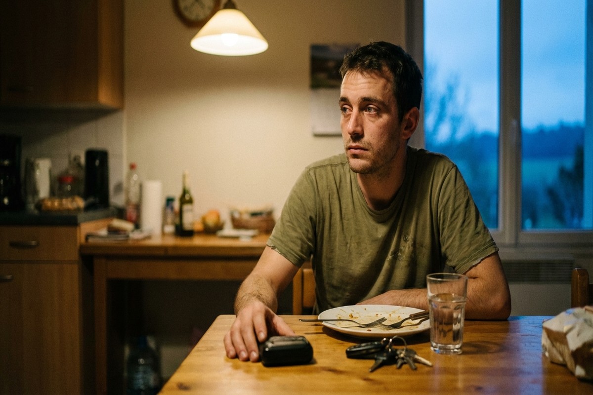 Un pompier volontaire d'astreinte, pensif à sa table de cuisine le soir, son bipeur posé à côté de lui.