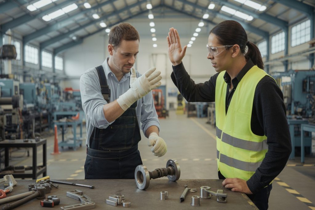 Ouvrier bandé soulevant pièce métal, collègue stoppe geste, atelier industriel lumineux