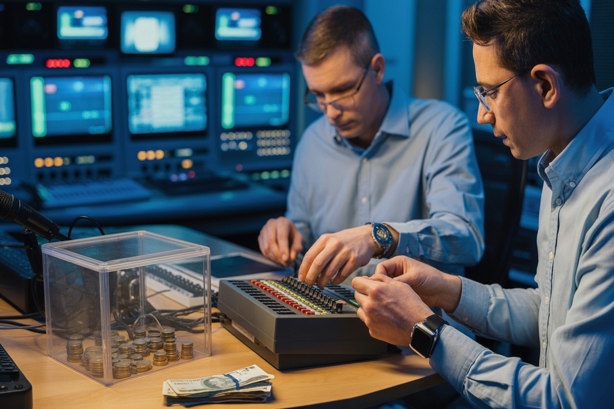 Techniciens TV calibrant lignes et comptant appels dans régie pour jeux télévisés