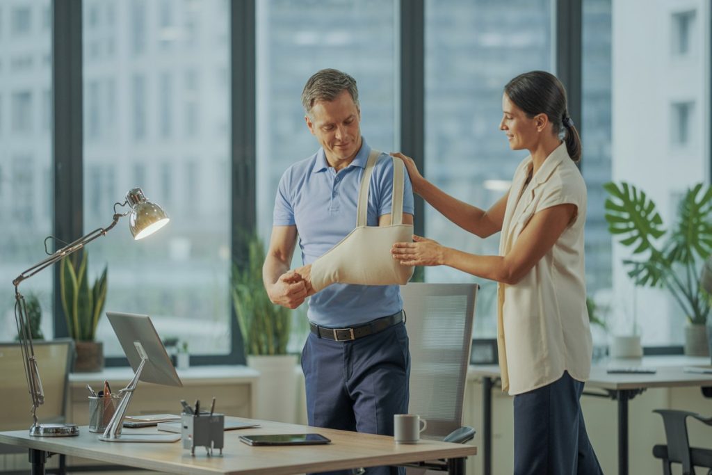 Employé en écharpe rééduque son épaule avec kiné, bande élastique, bureau lumineux