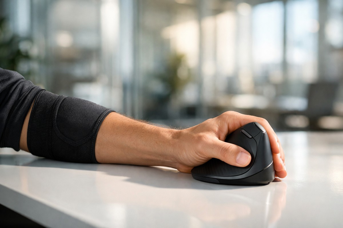Professionnel portant une coudière utilisant une souris ergonomique dans un bureau moderne