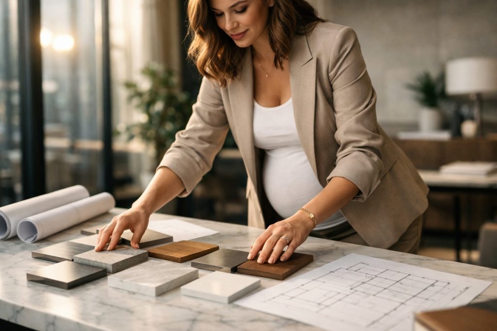 Femme enceinte entrepreneure organisant son activité dans un studio de création lumineux et moderne.