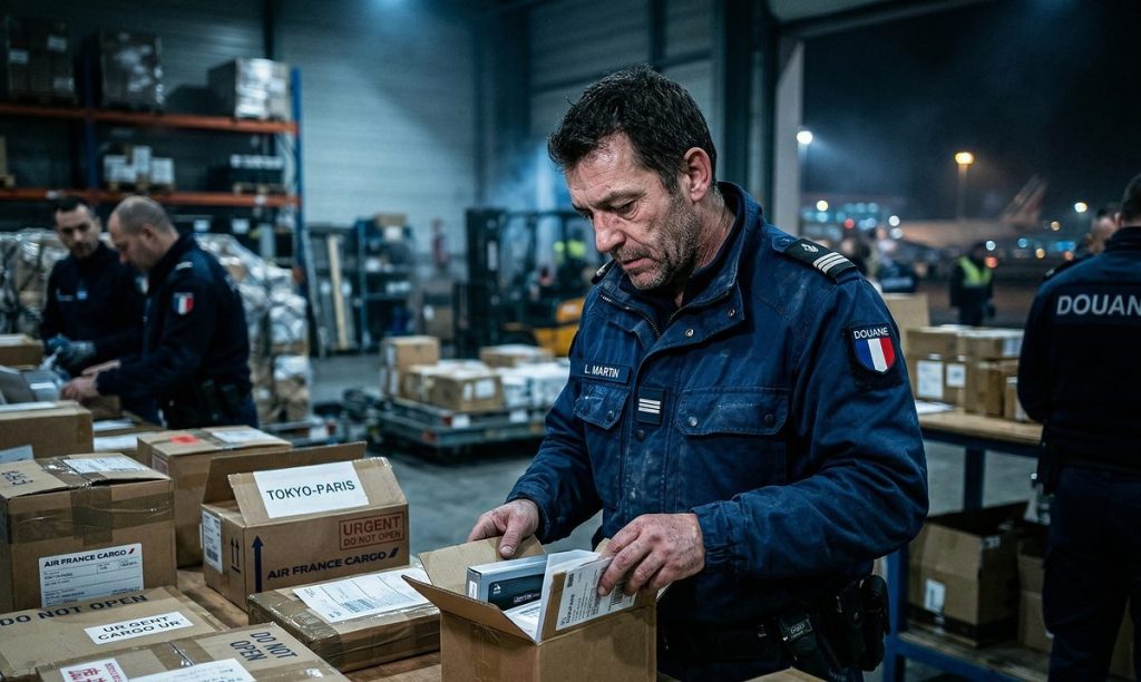 Un douanier en train de contrôler un colis