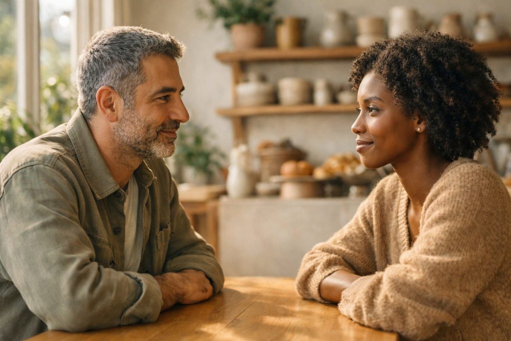 Deux professionnels discutant sereinement dans une boulangerie artisanale lumineuse et moderne.