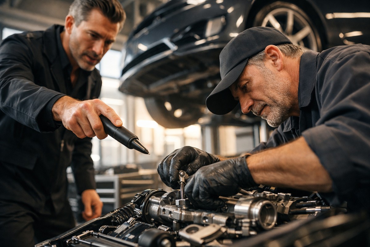Agent de maîtrise guide ouvrier sur moteur voiture dans atelier auto moderne lumineux.