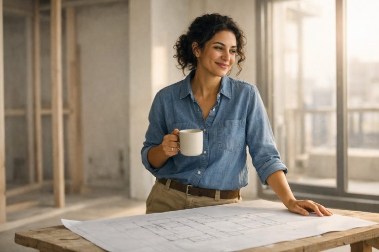 Une cheffe de chantier satisfaite examine un plan dans un appartement en rénovation lumineux et moderne.