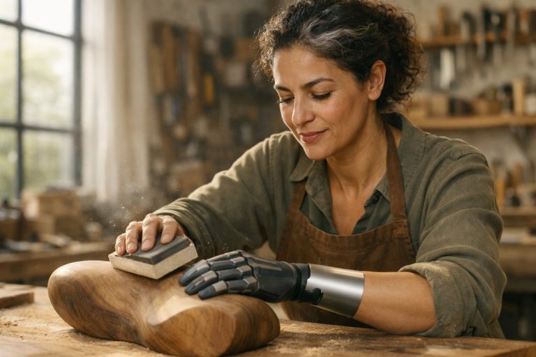 Femme artisane concentrée avec une prothèse de bras ponçant une sculpture en bois dans son atelier moderne et ensoleillé.