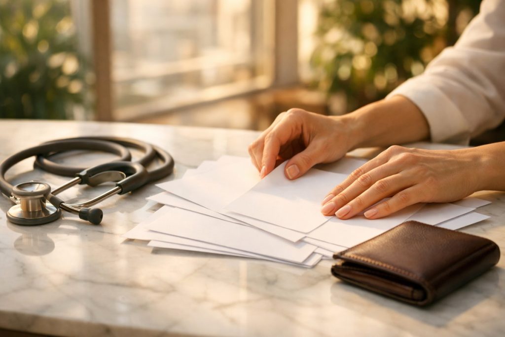 Mains organisant des documents près d'un stéthoscope et d'un portefeuille