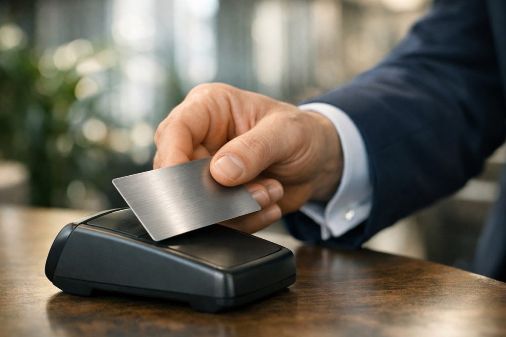 Paiement sans contact par carte bancaire dans un environnement professionnel premium.