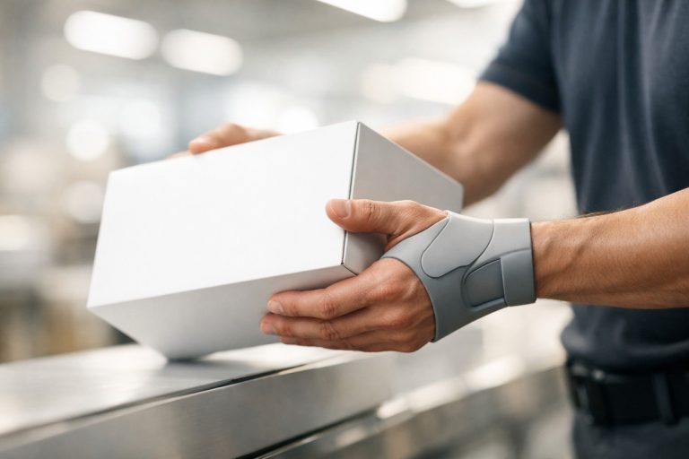 Professionnel portant un équipement ergonomique au poignet lors d'une manipulation en entreprise.