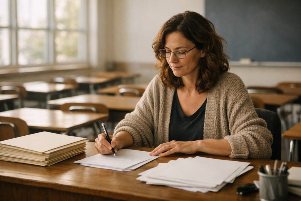 Professeure agrégée préparant ses cours à son bureau dans une salle de classe lumineuse