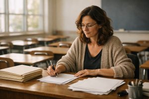Professeure agrégée préparant ses cours à son bureau dans une salle de classe lumineuse