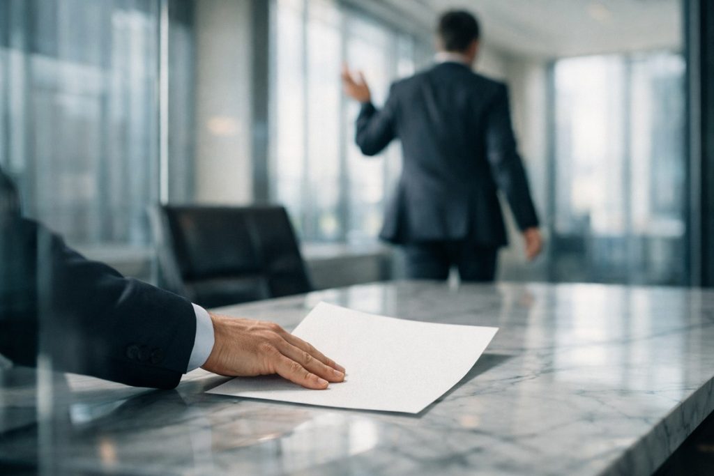 Employé tendant un document officiel à un manager fuyant dans un bureau moderne