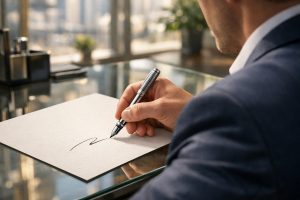 Professionnel signant un contrat d'assurance dans un bureau moderne et lumineux.