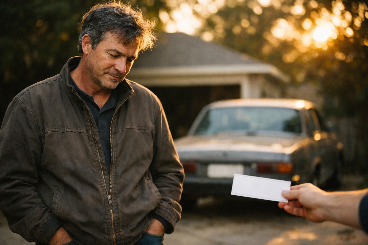Un homme d'âge mûr regarde avec une expression satisfaite le chèque de vente de sa voiture.
