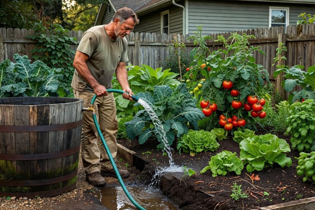 Propriétaire reliant tuyau à cuve eaux pluviales pour arroser jardin potager verdoyant.