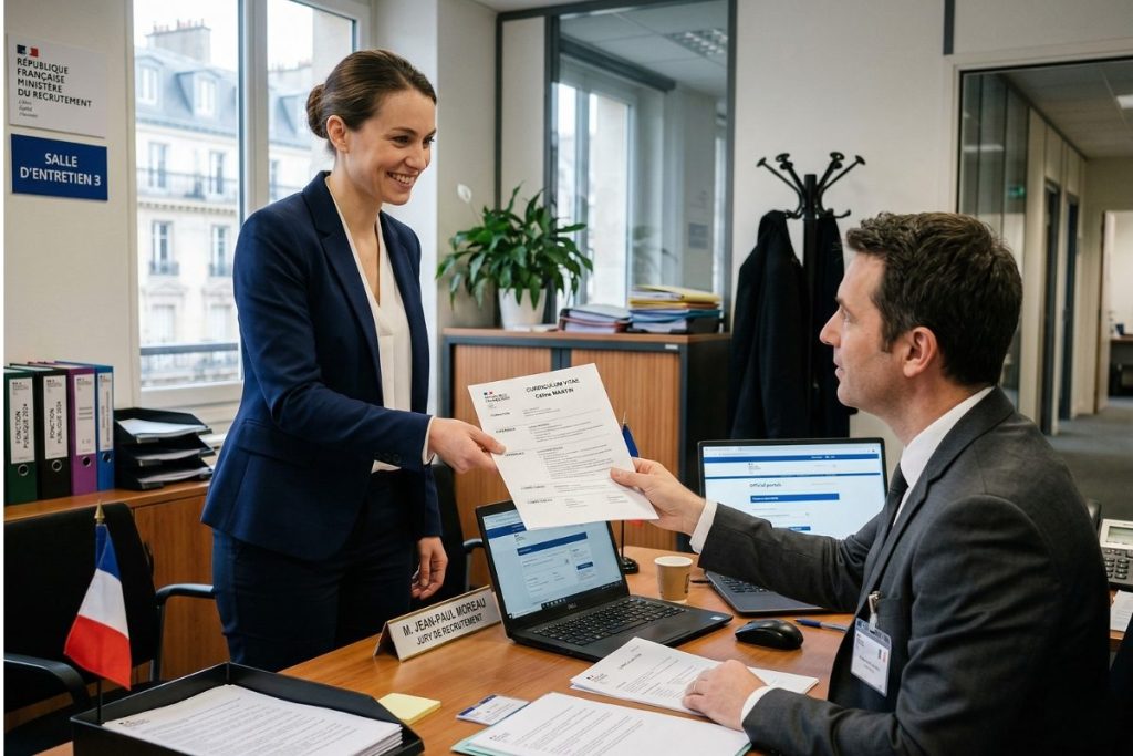 Une candidate souriante et professionnelle remettant son CV lors d'un entretien de recrutement pour intégrer la fonction publique.