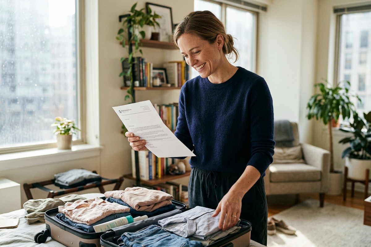 Salariée emballant valise après notification écrite de congés payés reportés pour maladie