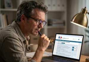 Un contribuable concentré remplissant sa déclaration d'impôts 2026 sur son ordinateur, vigilant face à la nouvelle annexe 2042 RICI pour les services à la personne.