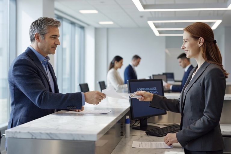 Client fournit justificatifs à conseiller bancaire pour valider virement important en agence moderne.