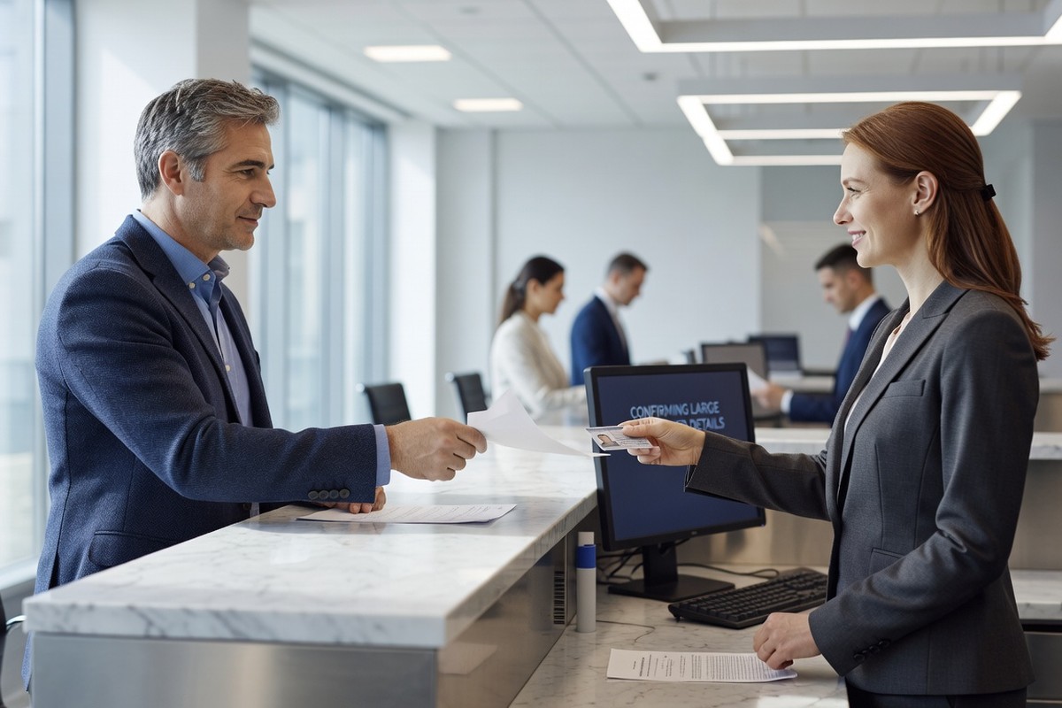 Client fournit justificatifs à conseiller bancaire pour valider virement important en agence moderne.