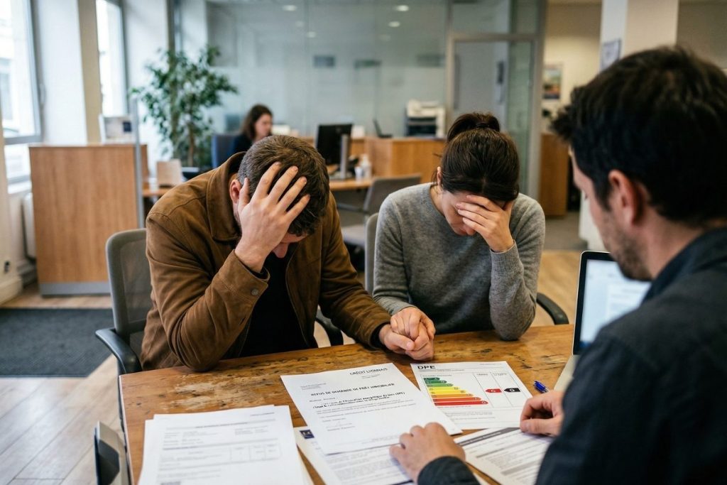 Un couple inquiet face à un refus de prêt immobilier à cause d'un mauvais DPE