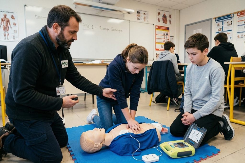 Un groupe de collégiens concentrés apprenant le massage cardiaque sur un mannequin lors d'une formation PSC dispensée par un enseignant.