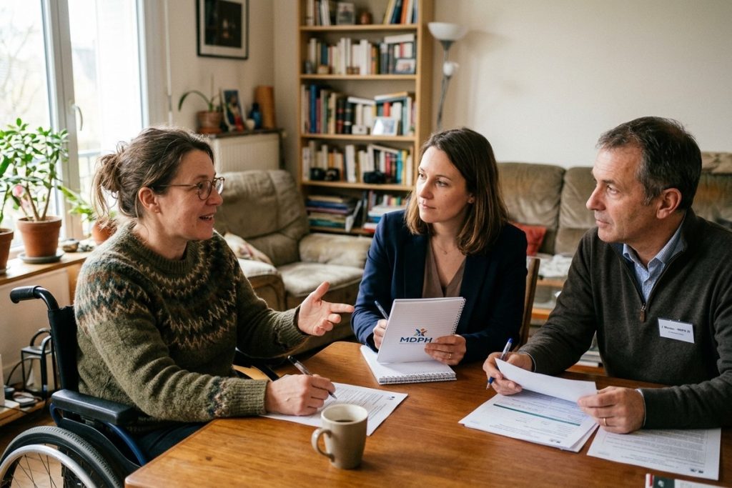 Utilisateur en fauteuil discute besoins quotidiens avec conseillers MDPH lors évaluation domiciliaire personnalisée.