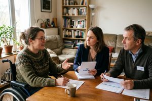 Utilisateur en fauteuil discute besoins quotidiens avec conseillers MDPH lors évaluation domiciliaire personnalisée.