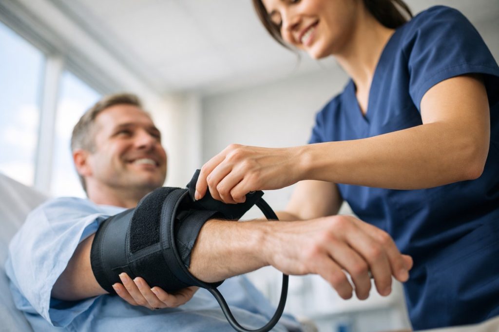 Infirmière dynamique ajuste tension artérielle patient hôpital moderne lumineux.