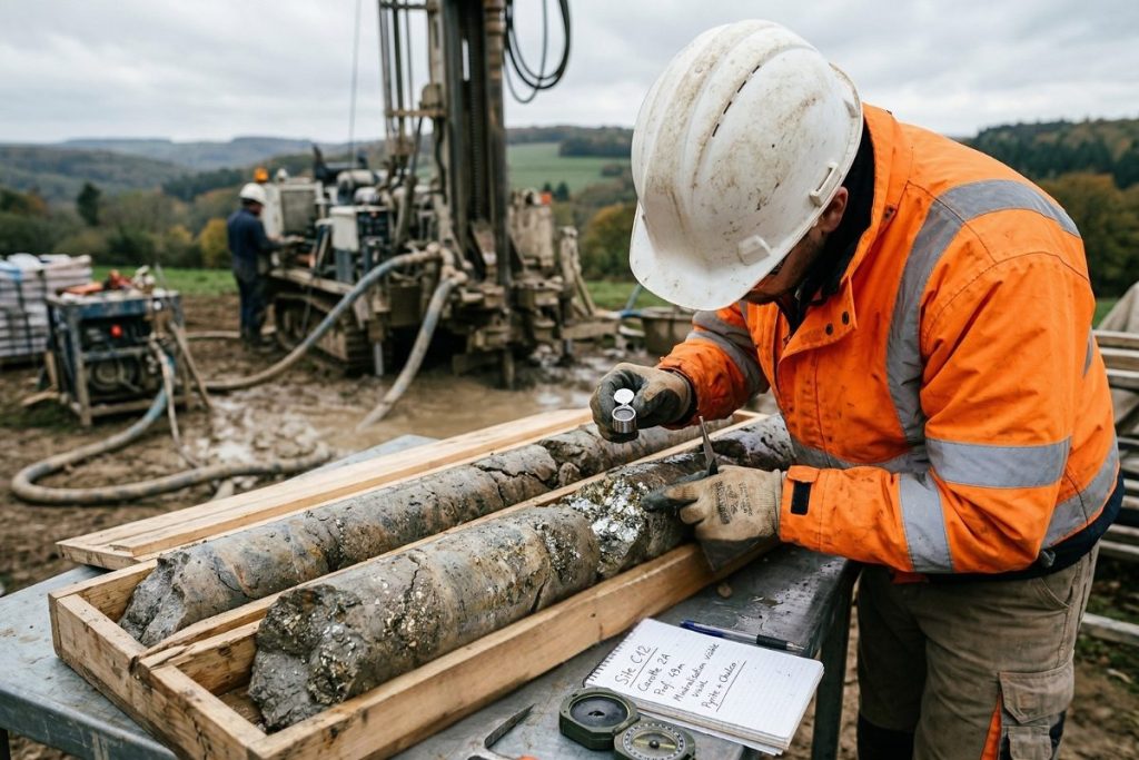 Une carotte de forage géologique extraite du sol français, révélant des minerais brillants, examinée par un ingénieur en tenue de chantier.