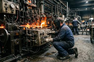 Un ouvrier qualifié en tenue de protection réglant une machine industrielle de formage de verre en fusion dans une usine.