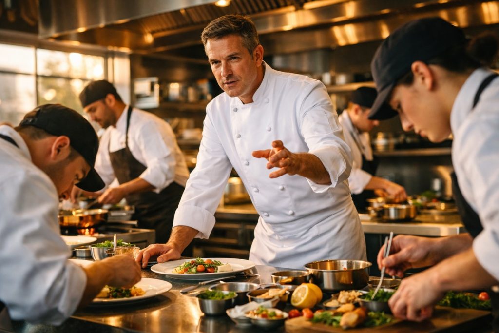 Brigade hiérarchisée en action dynamique dans cuisine ouverte restaurant gastronomique premium symbolisant échelons HCR.