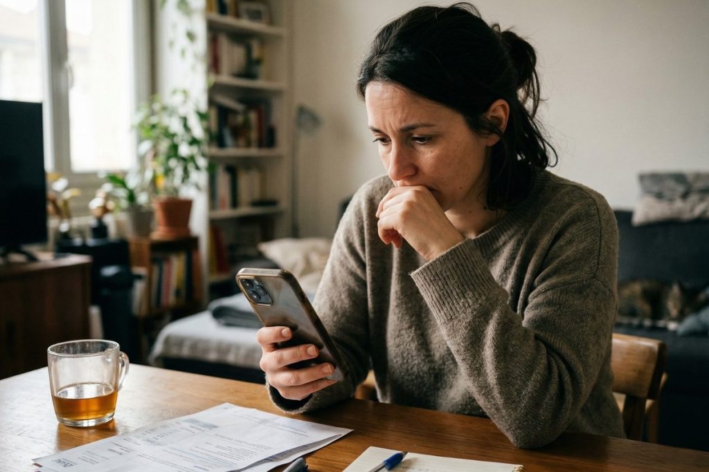 Femme consultant son téléphone avec une expression d'inquiétude face à un paiement fractionné, ilustrant les nouvelles règles du crédit à la consommation 2026
