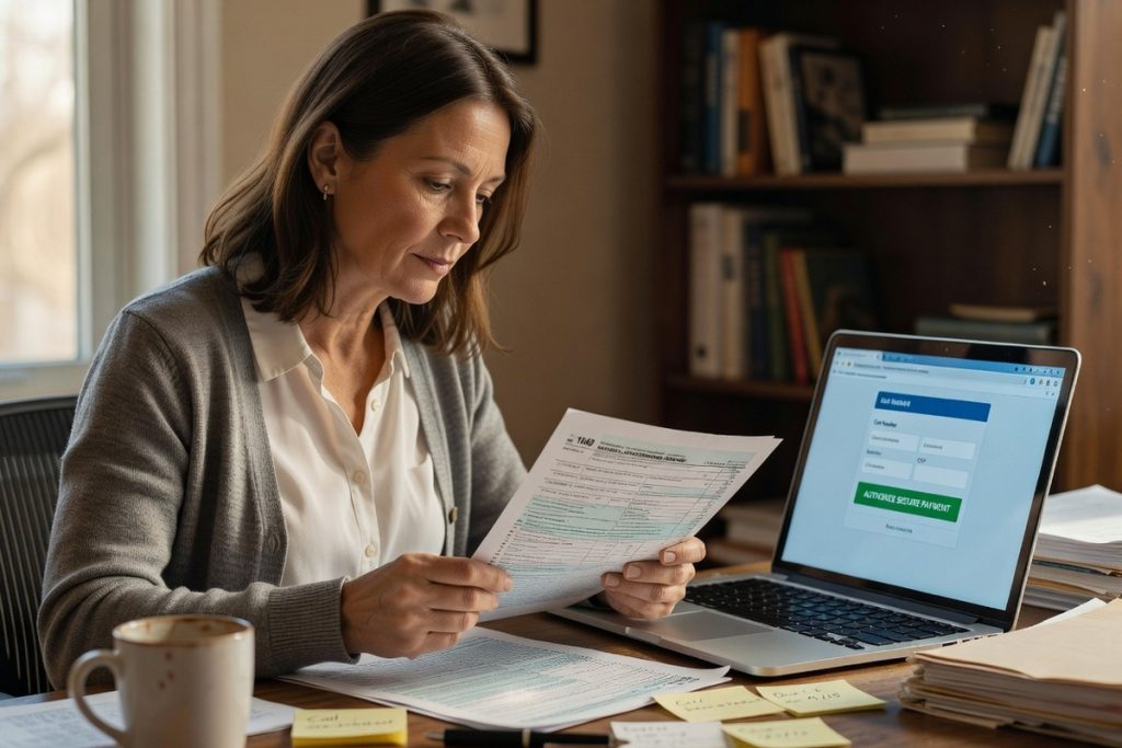 Femme vérifie avis d'imposition papier avant validation paiement en ligne sur impots.gouv.fr