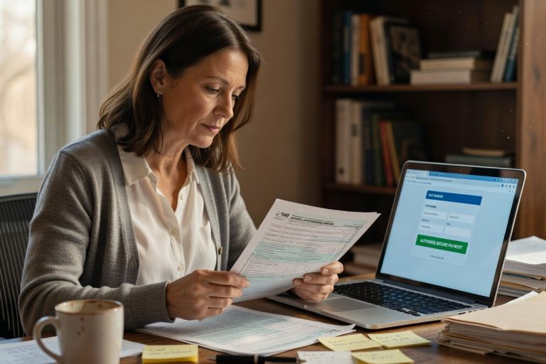 Femme vérifie avis d'imposition papier avant validation paiement en ligne sur impots.gouv.fr