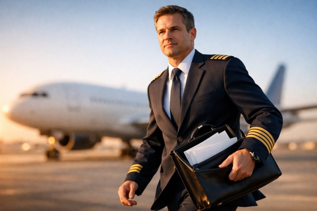 Commandant de bord expérimenté marche vers avion long-courrier sur tarmac ensoleillé.