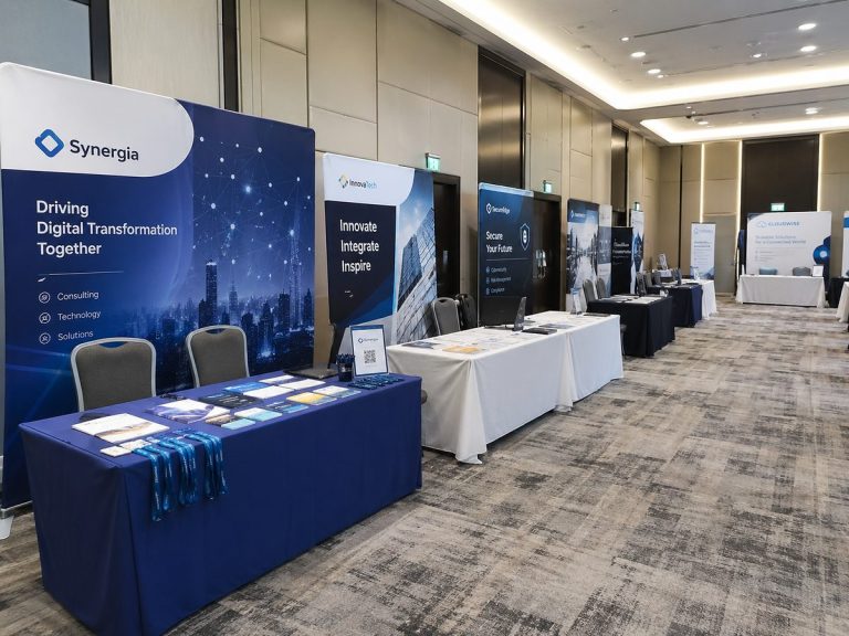 Stands d'entreprises lors d'un salon emploi dans le secteur aéronautique et défense