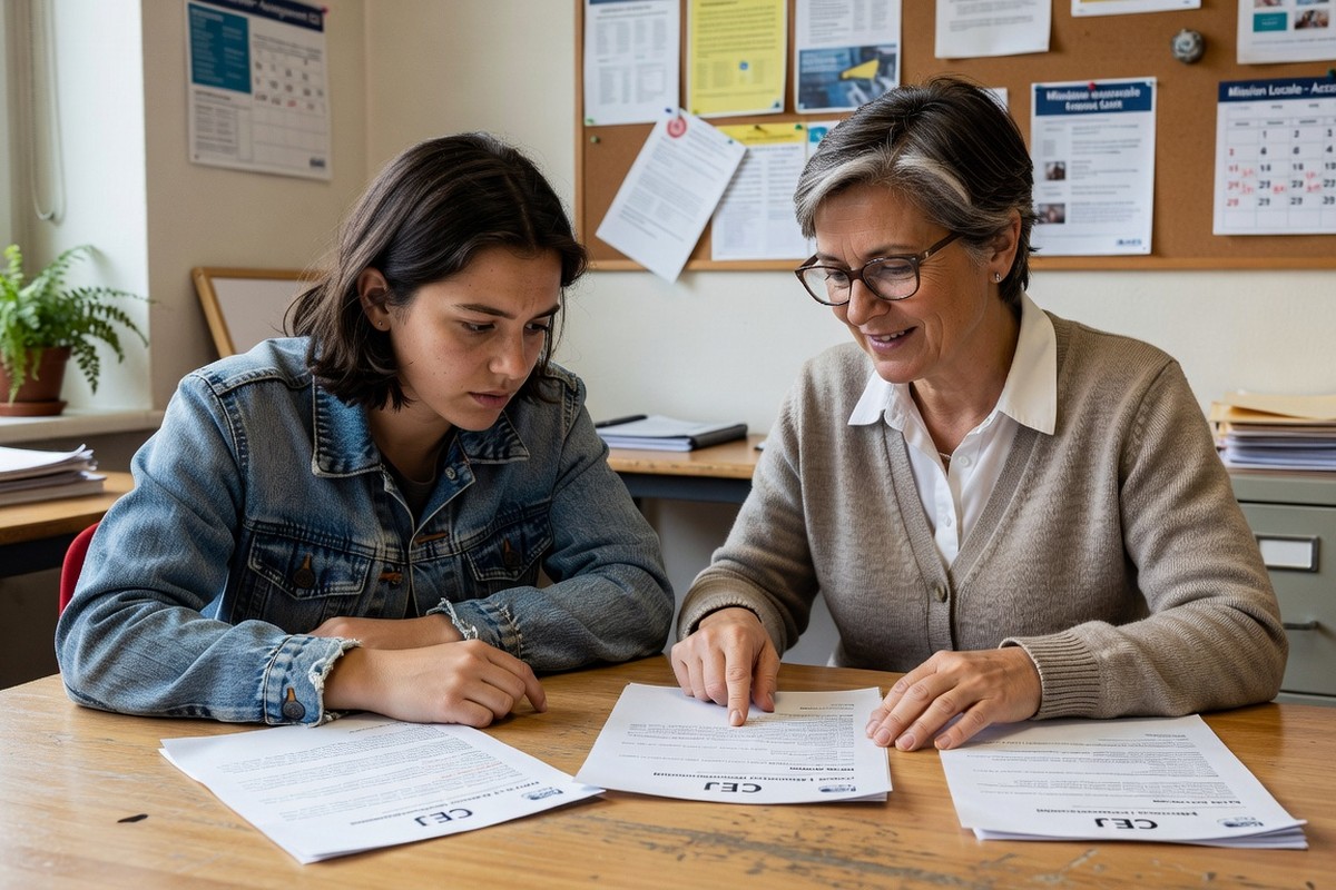 Jeune adulte discute aides CEJ avec conseiller Mission Locale lors rendez-vous concret.