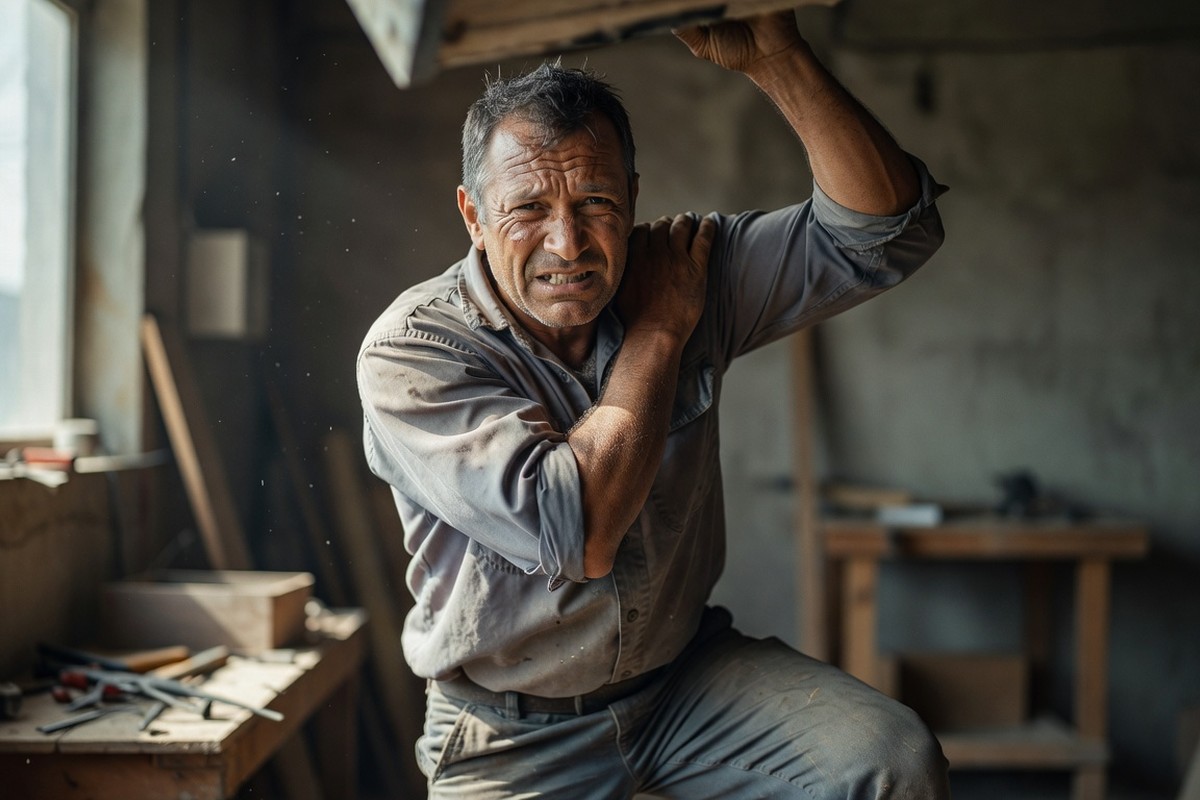Homme au travail souffrant d'une vive douleur à l'épaule en tendant le bras