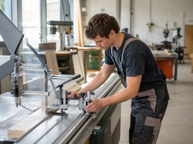 Intérieur d'un CFA avec un jeune apprenti travaillant sur une machine moderne en bois.