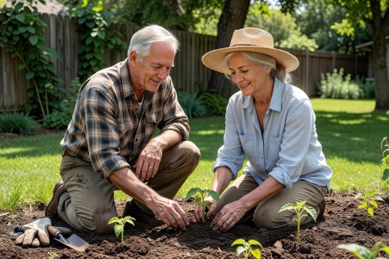 Couple de retraités plantant légumes dans potager ensoleillé, crédit impôt jardinage.