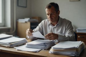 Commissaire de justice examinant des documents de saisies multiples sur salaire