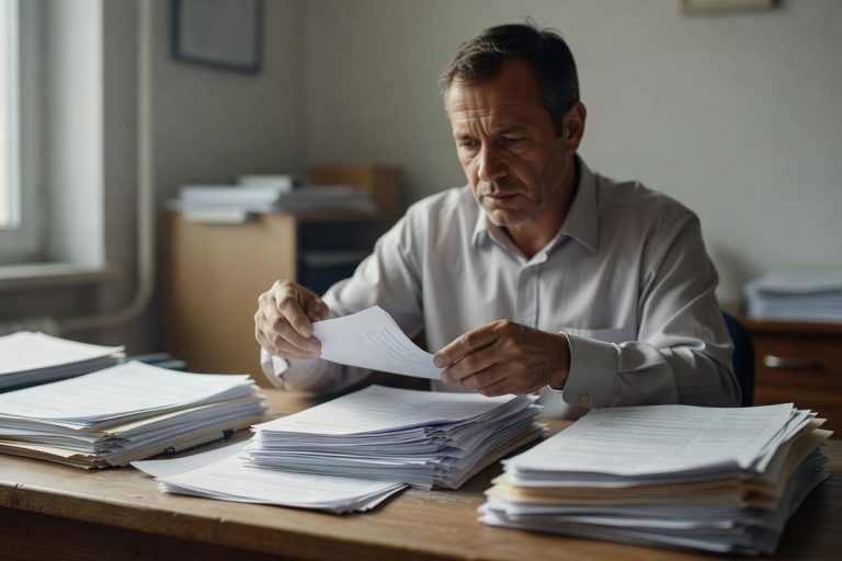 Commissaire de justice examinant des documents de saisies multiples sur salaire