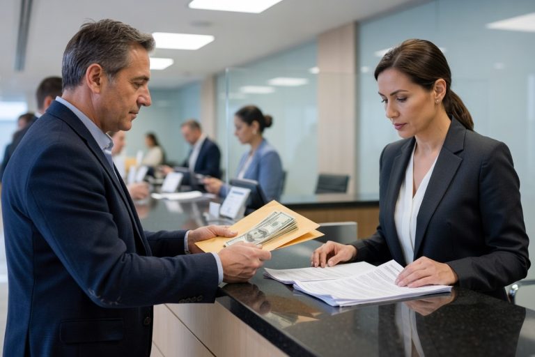 Client tend enveloppe d'argent liquide à conseiller bancaire qui vérifie justificatifs en agence moderne.
