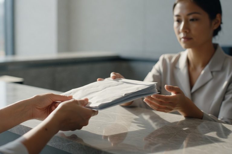Femme d'affaires dépose enveloppe d'argent liquide au guichet d'une agence bancaire moderne.