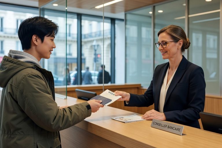 Étudiant étranger présente documents à conseiller bancaire dans agence française moderne